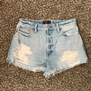 Distressed high rise denim shorts